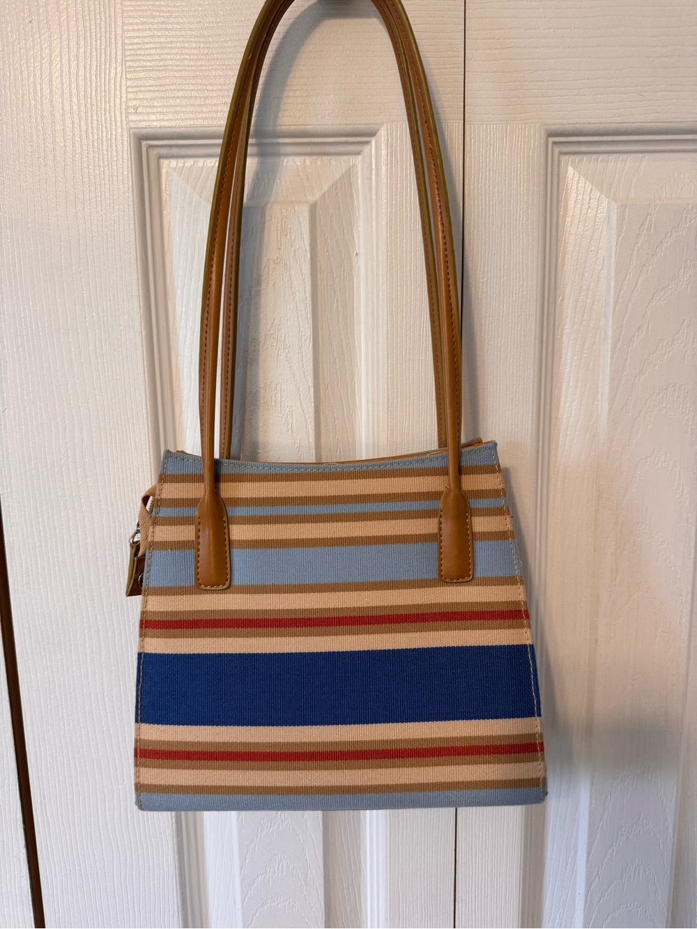 Striped Small Canvas Shoulder Bag Blue Tan Rust Minor Wear Faux Leather Strap - Picture 2 of 16